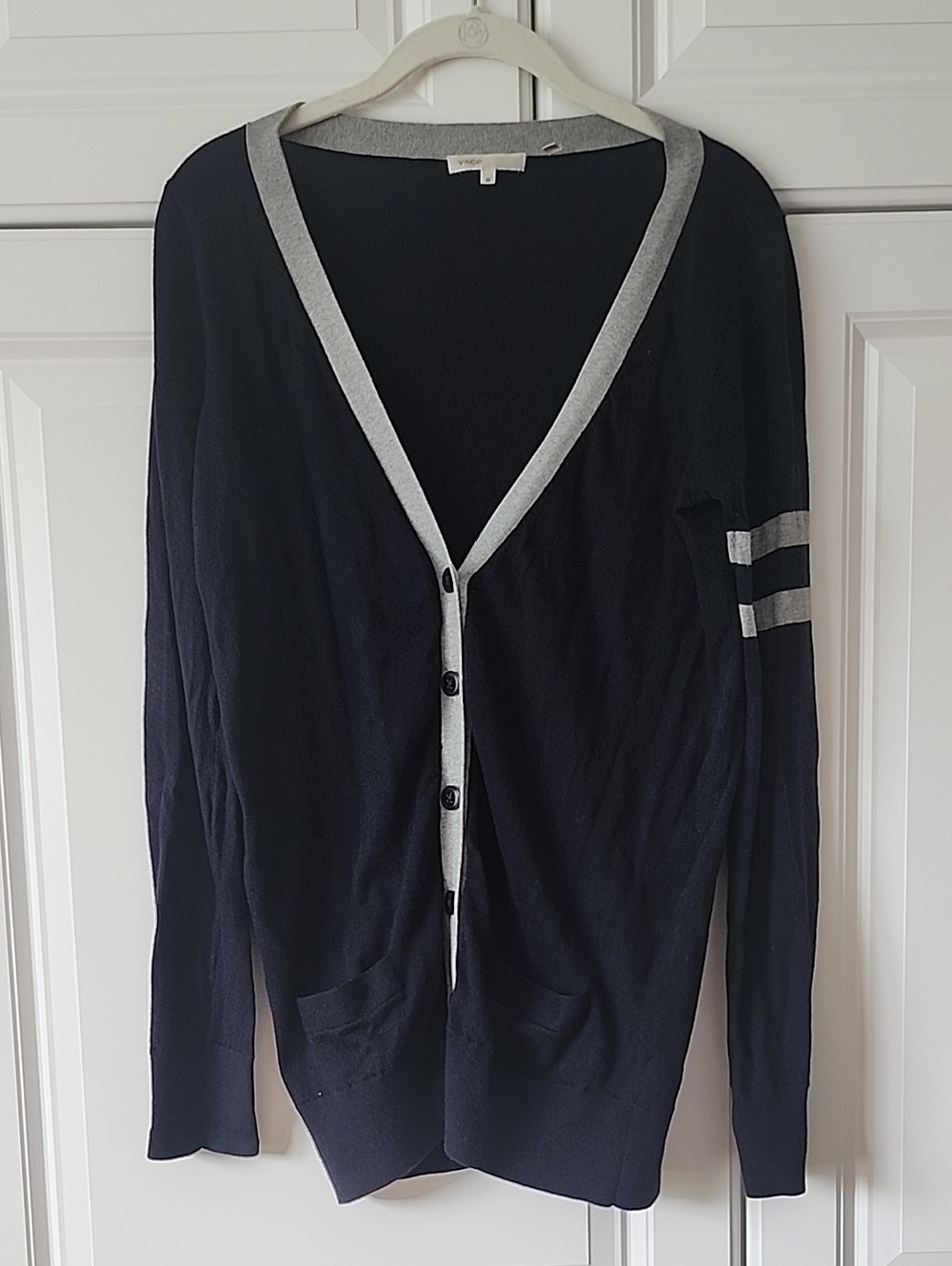 Vince Light Weight Navy Cardigan with Gray Trim and Sleeve Stripes